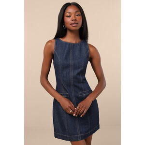 Lulus Cataleya Dark Wash Denim Boat Neck Mini Dress Blue - Size L